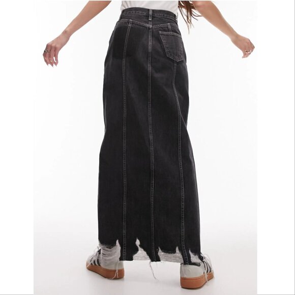 TOPSHOP Denim Maxi Long SKIRT Size 4 Destroyed Hem Front Slit Black NEW - Picture 2 of 10